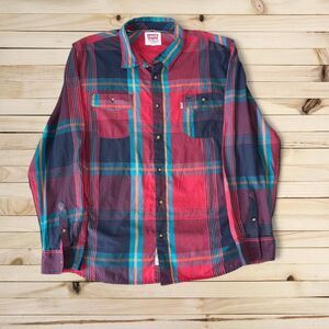 Levi’s Plaid Western Button Up Shirt Red Blue Vintage Style Workwear